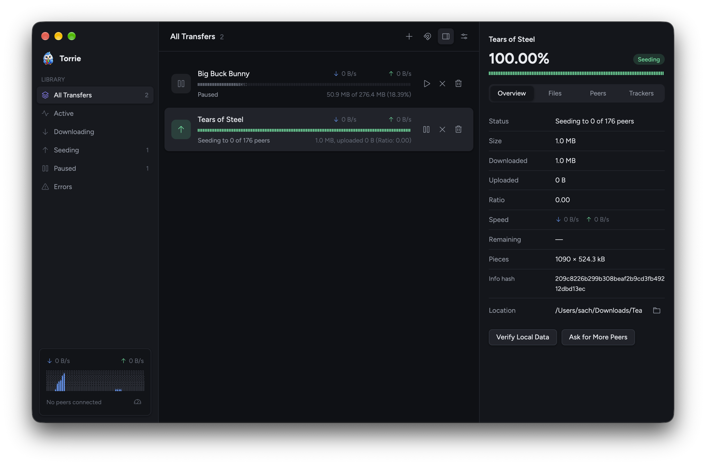 A paused and a seeding transfer, with the Inspector overview