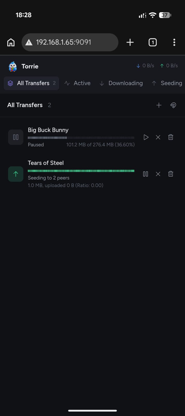 Torrie's web remote in a phone browser, showing a paused and a seeding transfer